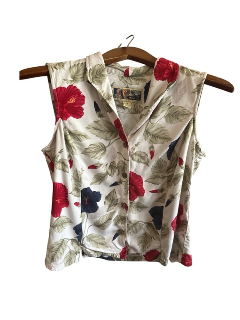 La Cabana Sleeveless Tropical Floral Button-Front Top White Red & Navy Flowers